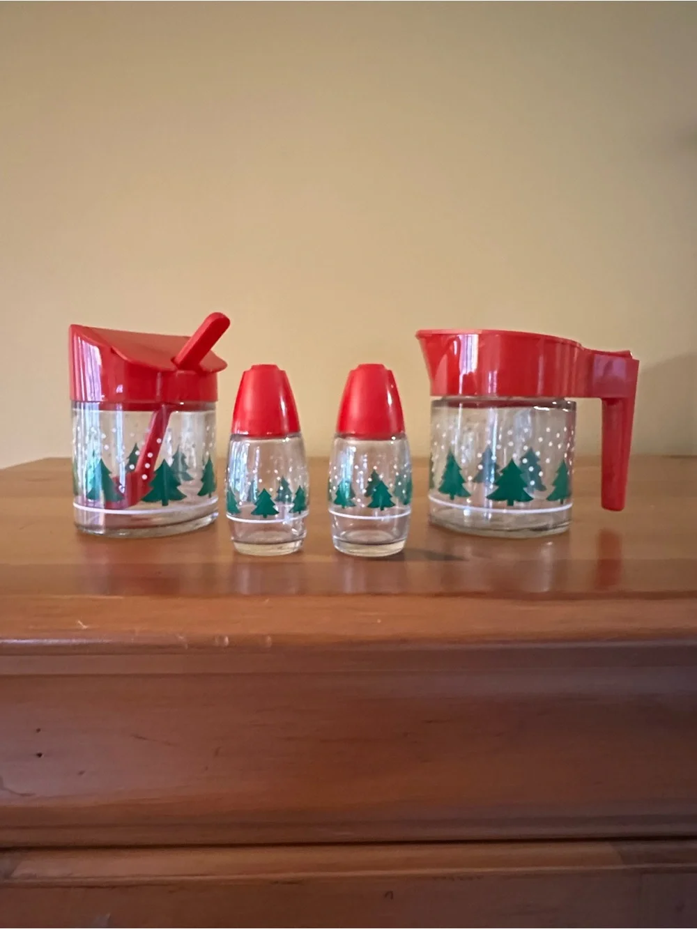 Red Holiday Glass Coffee/Condiment Server Set with Tree Motif